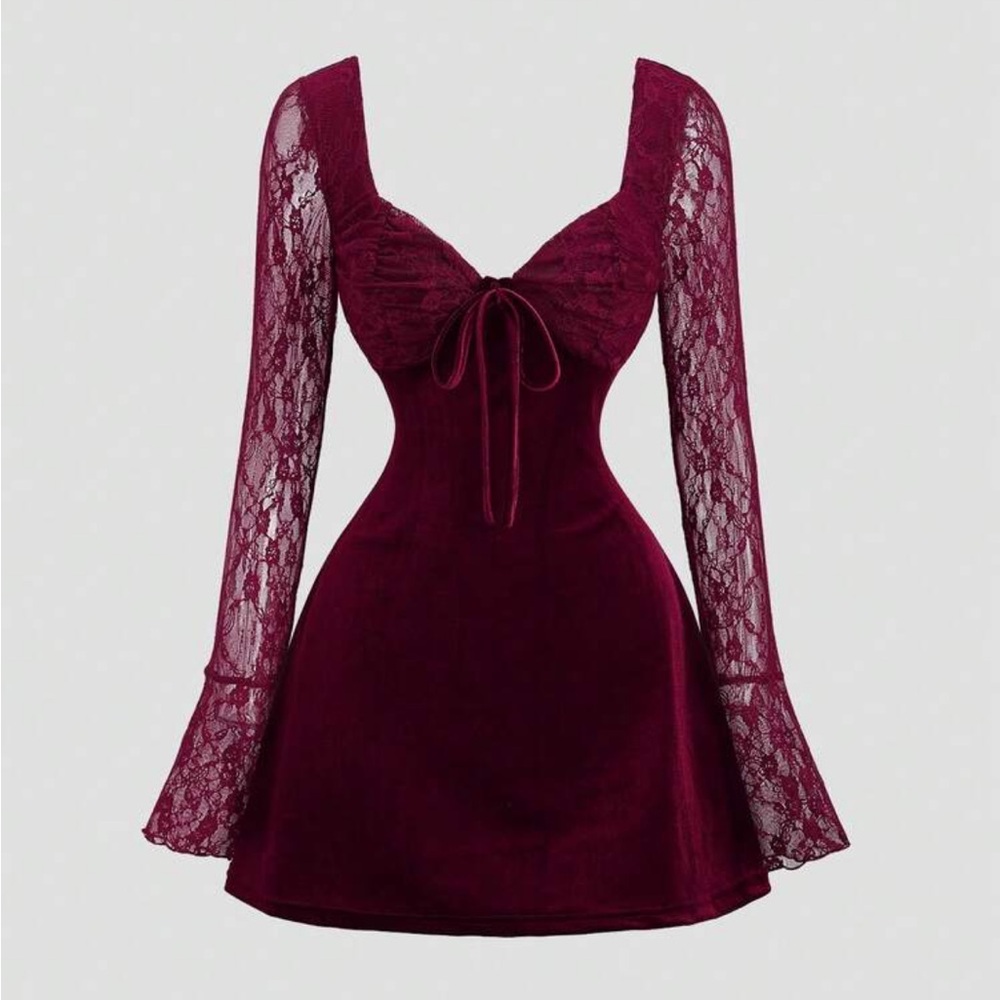 Chic Burgundy Lace Long Sleeve Dress